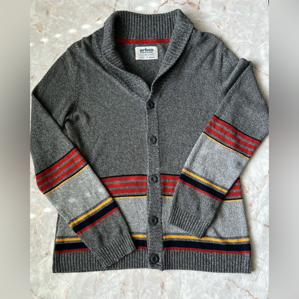 Urban Pipeline Men’s Grandpa 90’s Look Shawl Neck Button Stripe Cardigan Sweater